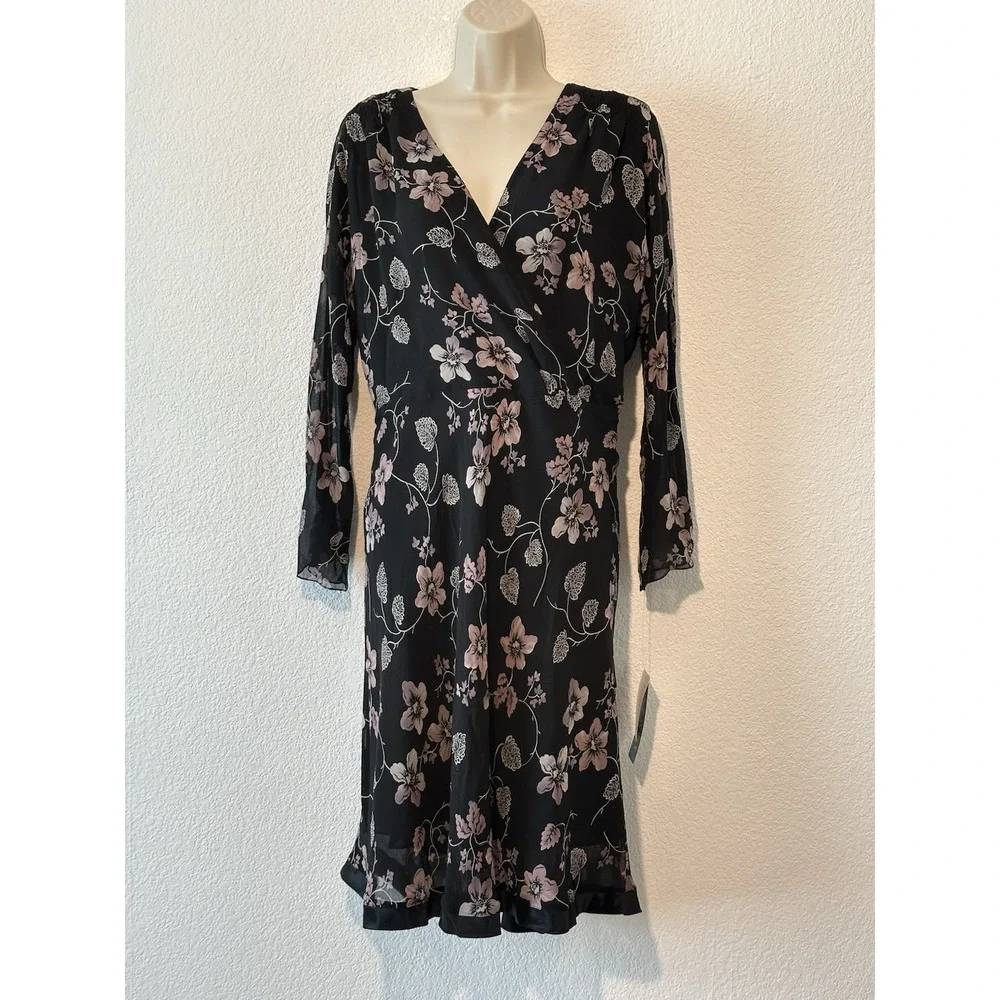 New Nine West Plus Size 16 Silk Midi Dress Black Pink Floral Career Wedding